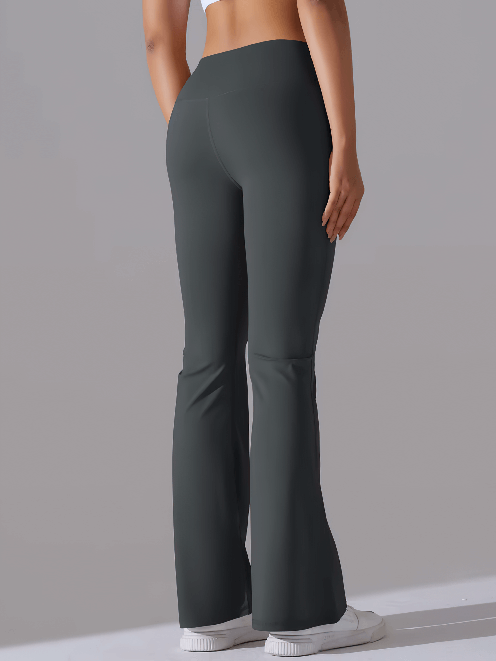 Back view of high-waist flare leggings for women, designed for yoga and casual outings, featuring body-lifting hip style and ankle-length.