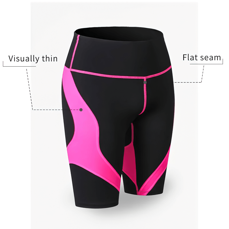 Elastic high-waisted patchwork sports shorts for women in black and pink. Perfect for yoga and exercise. SF1627.