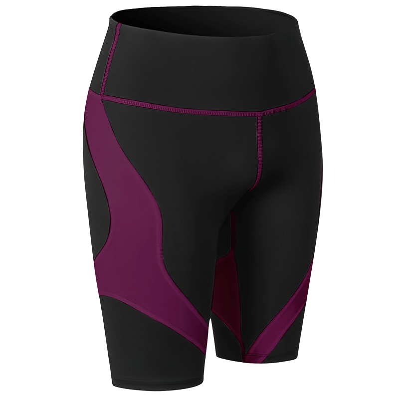 Elastic high-waisted patchwork sports shorts for women in black and purple, SF1627. Ideal for yoga and exercise routines.