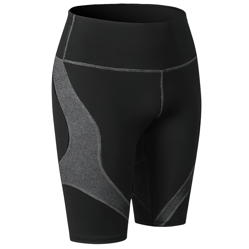 Elastic high-waisted patchwork sports shorts for women in black and grey, perfect for yoga and workouts, model SF1627.