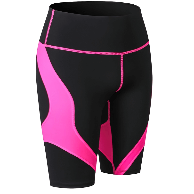 Elastic high-waisted patchwork sports shorts for women in vibrant pink and black, ideal for yoga and workouts - SF1627.