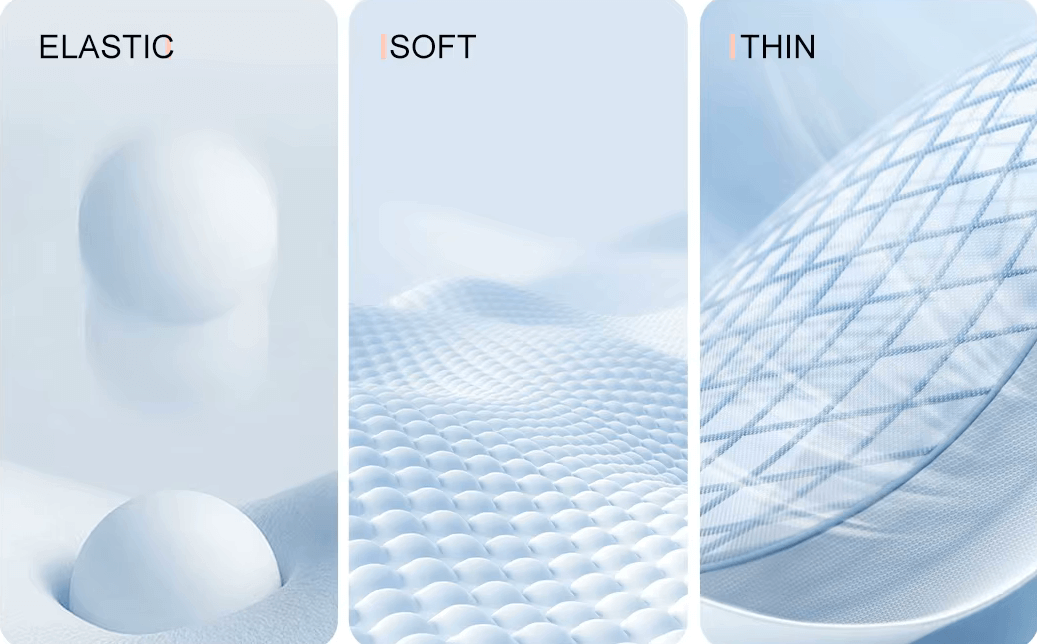 Illustration showcasing properties: Elastic, Soft, and Thin with abstract representations in soft blue tones.