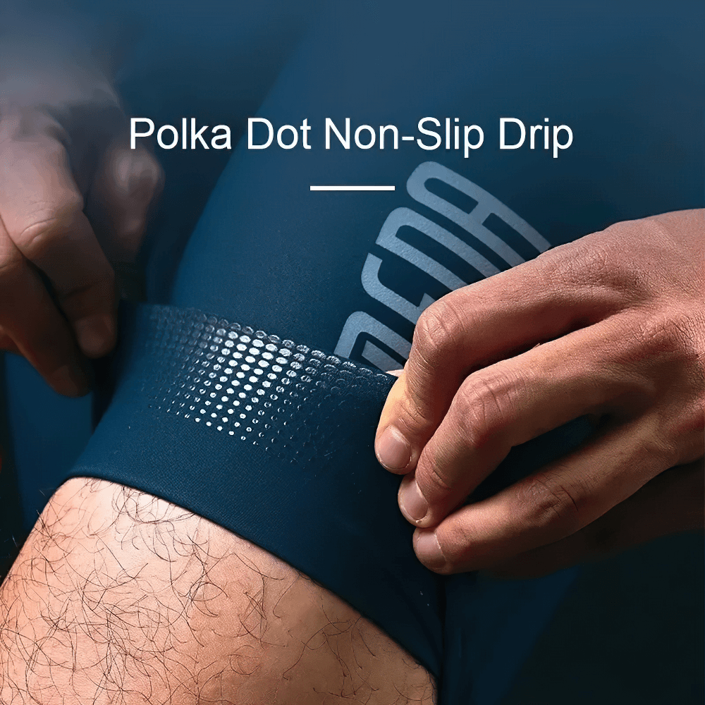 Close-up of men's cycling bib shorts with polka dot non-slip grip, showcasing premium fabric for enhanced cycling performance.