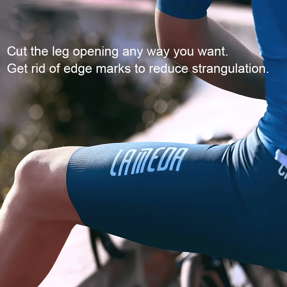 Cyclist wearing blue elastic breathable bib shorts with anti-slip feature, showcasing comfort and flexibility in leg opening, SF2593.