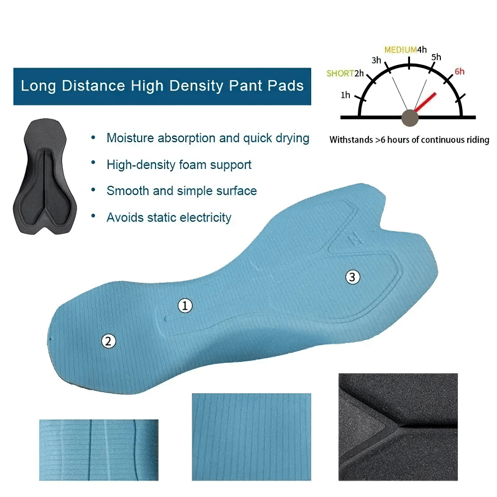 High-density foam cycling pad with moisture-wicking properties for long-distance rides. Supports over 6 hours of comfort.