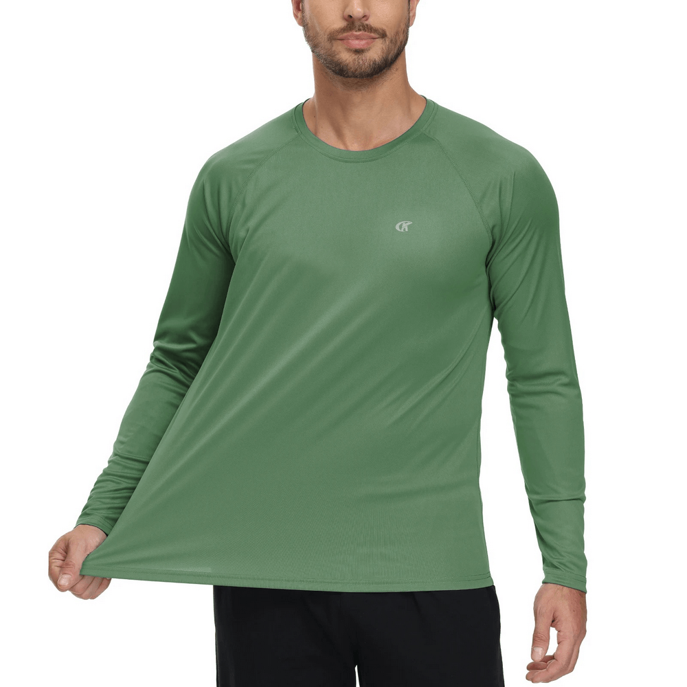 Elastic Men's Long Sleeve Top in green, UPF 50+ UV protection, breathable quick-dry fabric, ideal for outdoor activities like hiking and running.