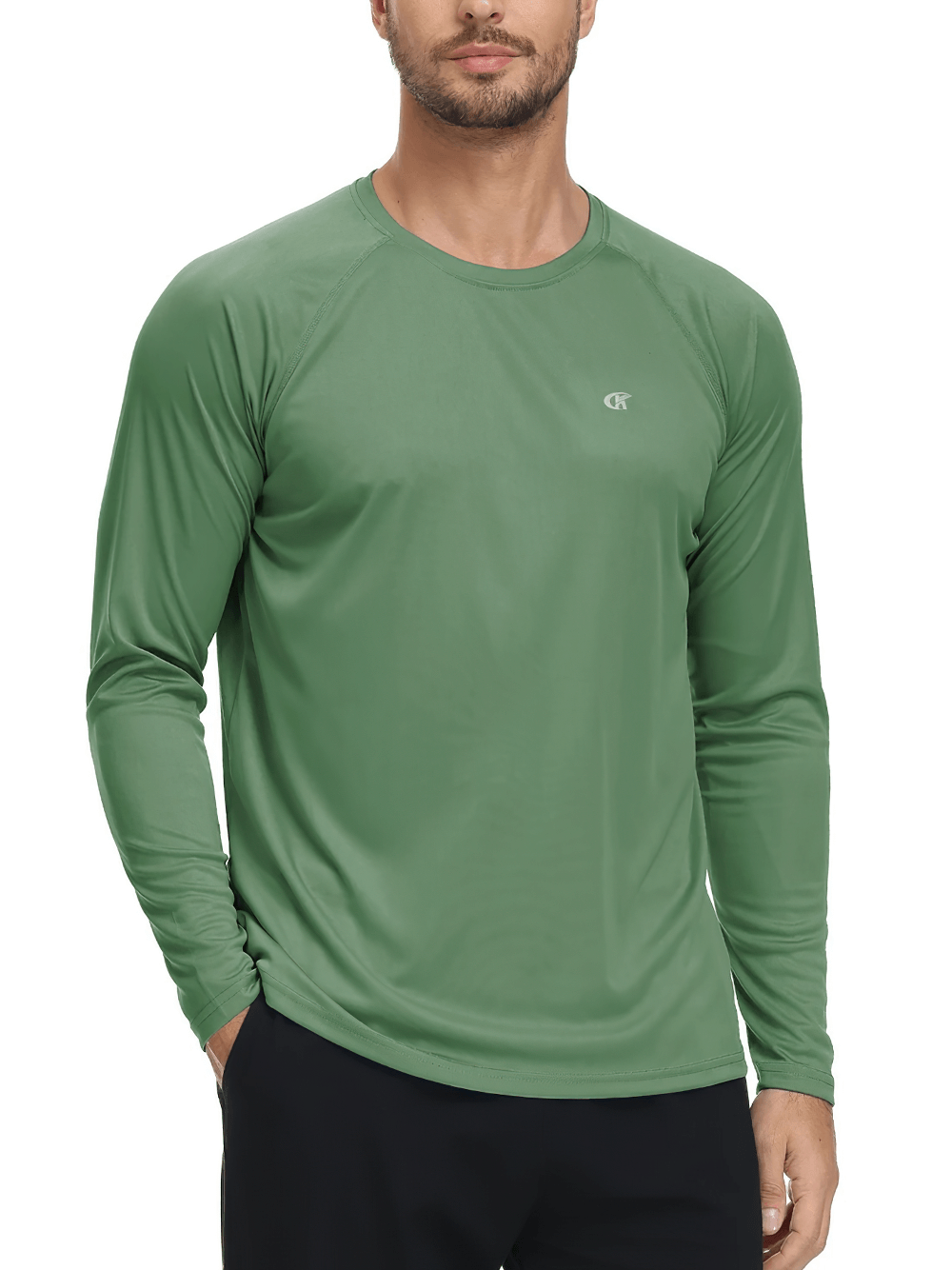 Elastic men's long sleeve UV protection top in green, featuring UPF 50+ for outdoor activities. Lightweight, quick-dry fabric for flexibility.