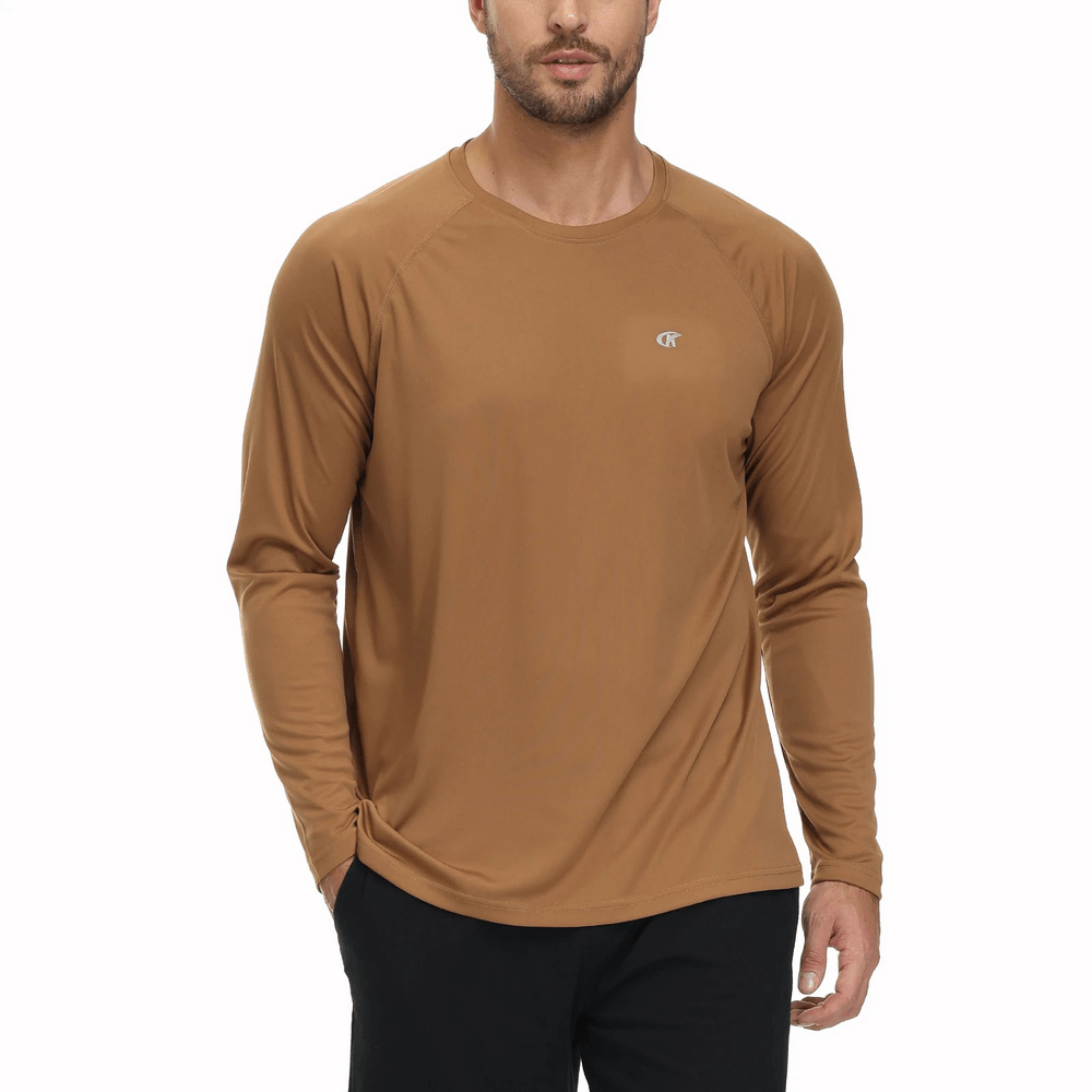 Elastic men's long sleeve top UV protection in brown, featuring UPF 50+ for outdoor activities, with lightweight, breathable fabric.
