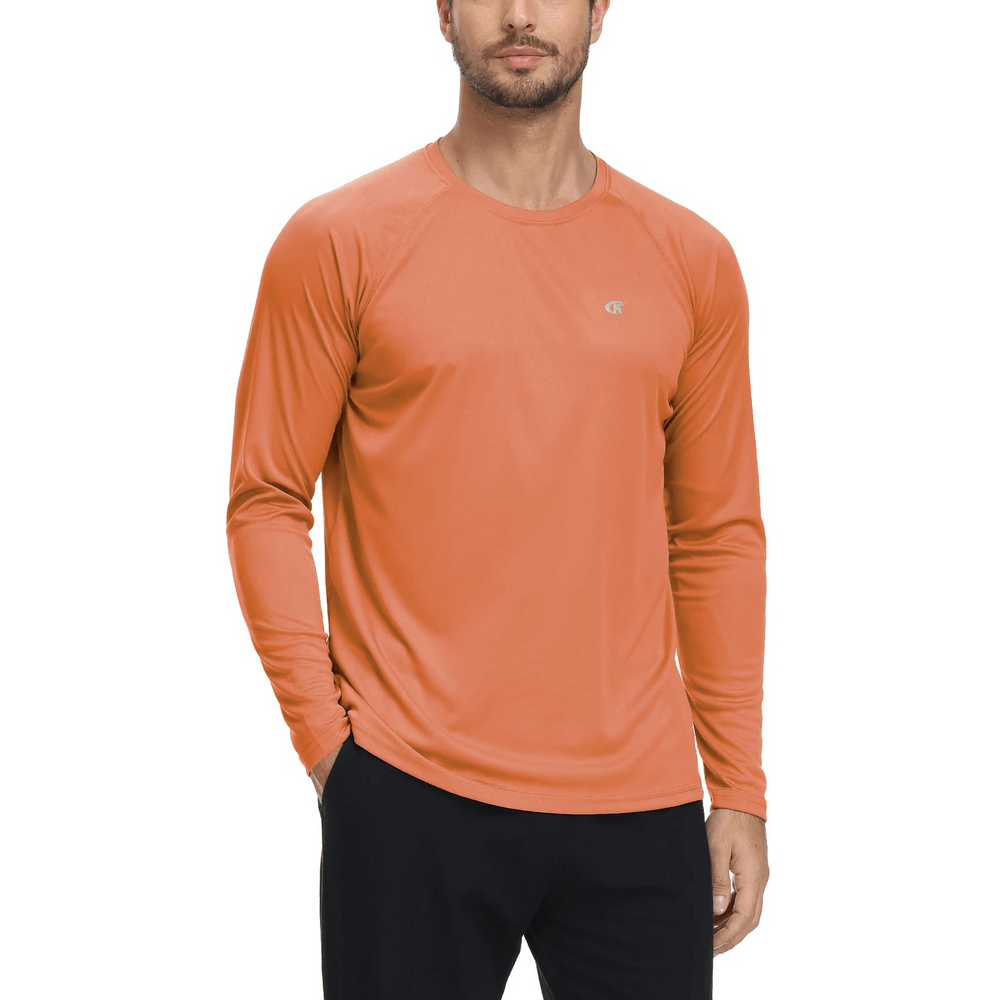Men's orange long sleeve performance top with UV protection, made of lightweight, quick-dry fabric. Ideal for outdoor activities.