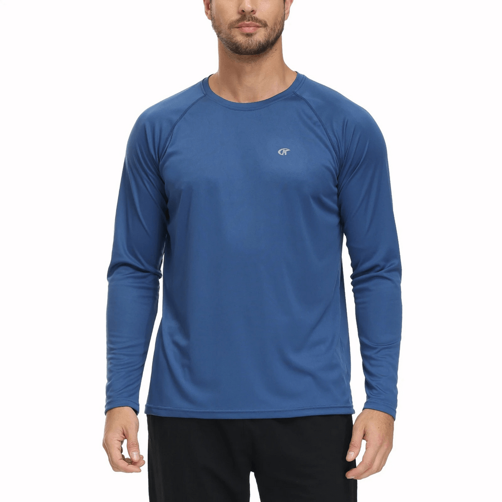 Men's blue long sleeve UPF 50+ top, UV protection, lightweight quick-dry fabric, ideal for outdoor activities like hiking or running.