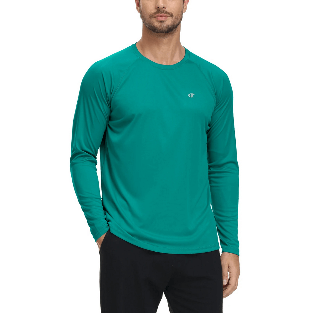 Men's long sleeve UV protection top in teal, featuring UPF 50+ protection. Ideal for hiking, running, or beach activities. Style SF2534.