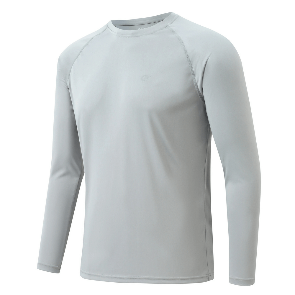 Men's long sleeve UV protection top SF2534, light gray, UPF 50+, breathable and stretchy for outdoor activities.