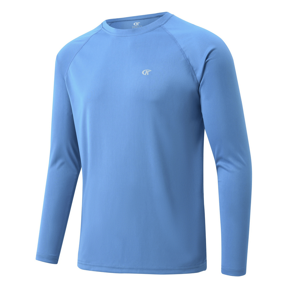 Men's blue long sleeve performance top with UPF 50+ UV protection, breathable and quick-dry fabric, ideal for outdoor activities.