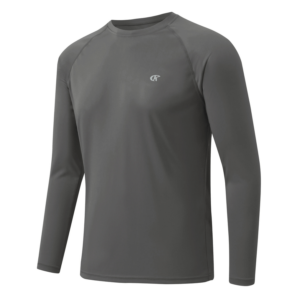 Elastic men's long sleeve UV protection top in gray with UPF 50+, quick-dry fabric, perfect for outdoor activities like hiking or running.