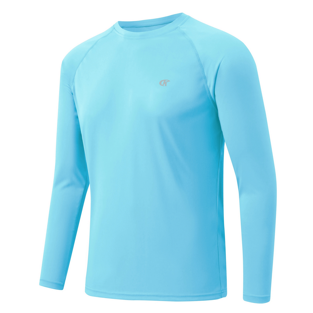 Light blue men's long sleeve top with UV protection, ideal for outdoor activities, featuring breathable, quick-dry fabric and o-neck design.