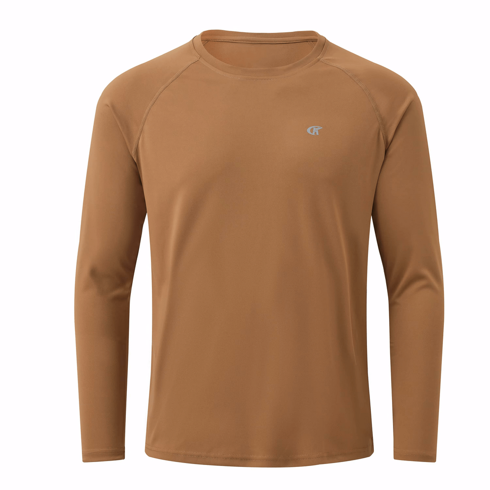 Men's UV protection long sleeve top in brown, UPF 50+, lightweight and breathable, perfect for outdoor activities like hiking or beach days.