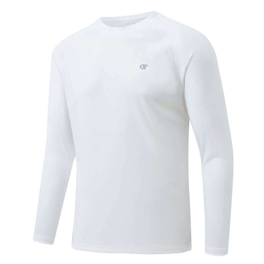 Men's long sleeve UV protection top, white, lightweight, quick-dry, perfect for hiking and beach, O-neck collar, SF2534