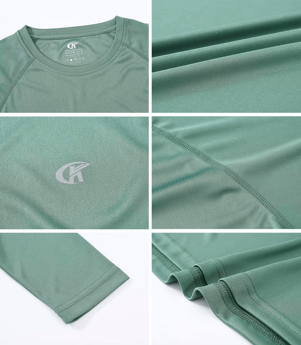 Green Men's Long Sleeve Top with UPF 50+ UV Protection, featuring lightweight and quick-dry fabric, perfect for outdoor activities.