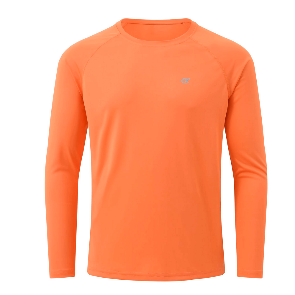 Men's orange long sleeve top UF 50+ UV protection, lightweight and quick-dry for hiking, running, or beach days, style SF2534.