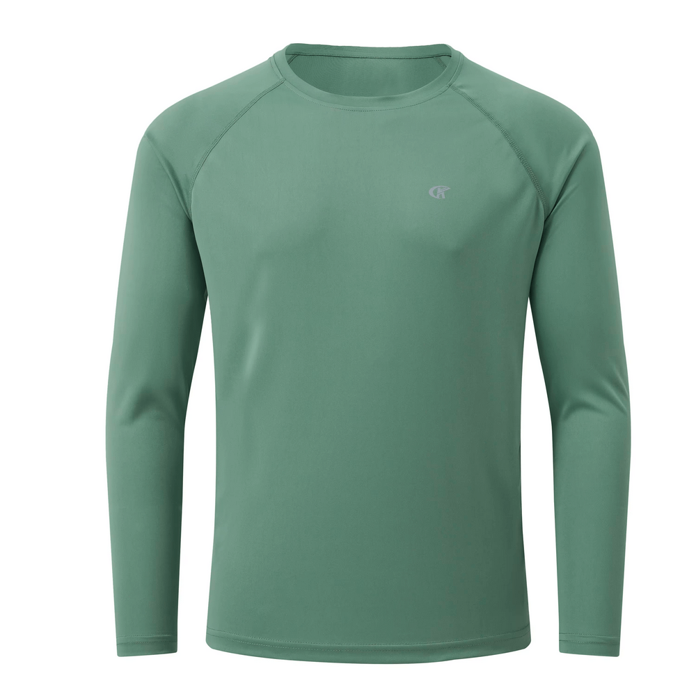 Elastic men's long sleeve UV protection top in green, UPF 50+, perfect for outdoor activities, made from quick-dry polyester and spandex.