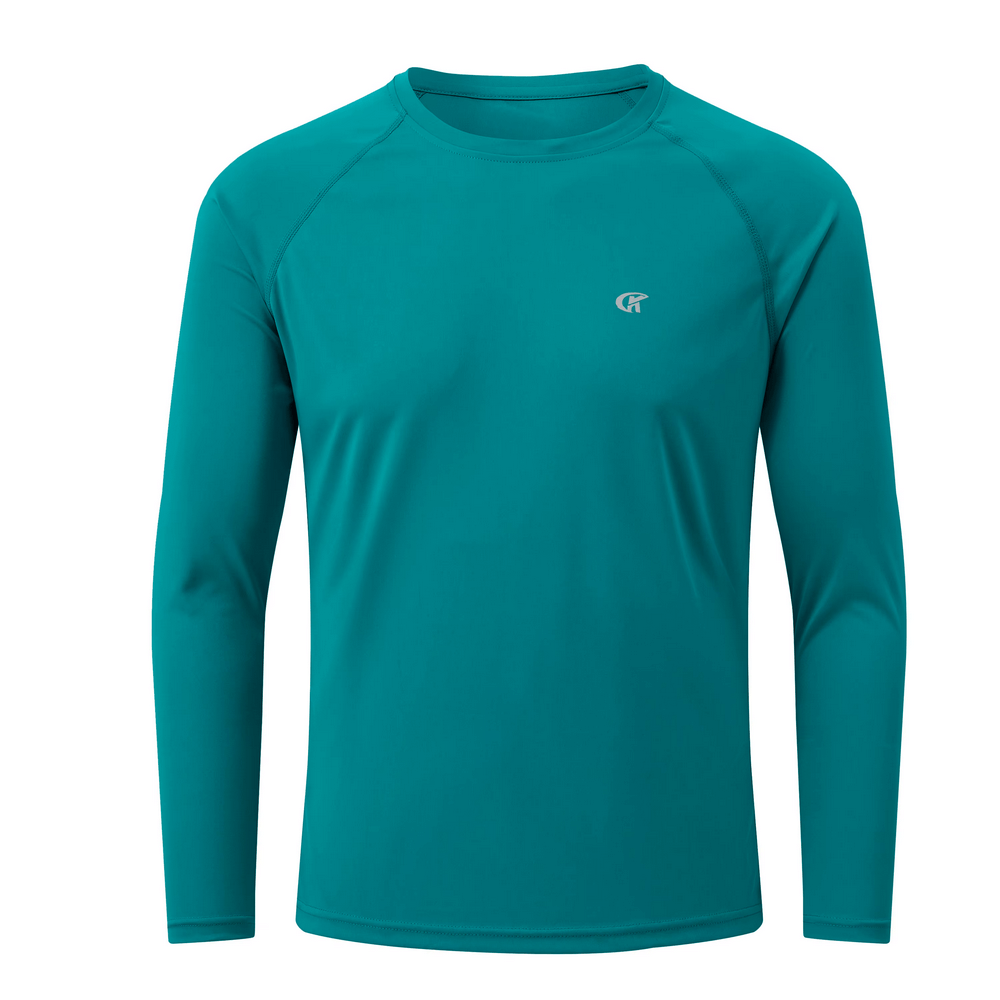 Men's teal long sleeve top with UV protection and o-neck collar, designed for outdoor activities. Lightweight and quick-dry material.