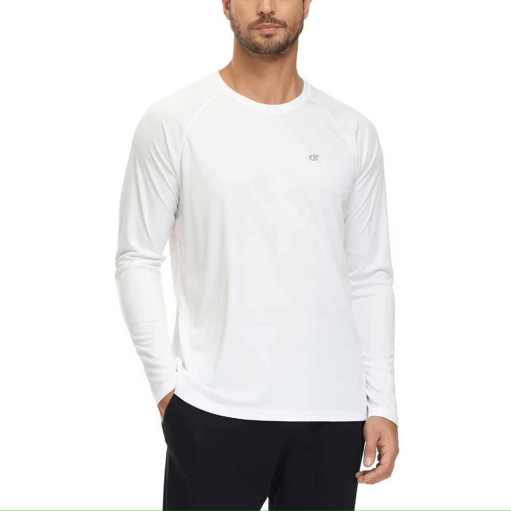 White men's long sleeve performance top with UPF 50+ UV protection, lightweight and breathable for outdoor activities. O-neck collar, casual fit.