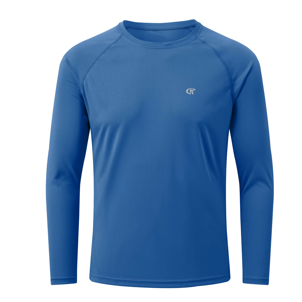 Elastic Men's Long Sleeve Top UV Protection - UPF 50+, ideal for outdoor sports, shown in vibrant blue with a sleek design.