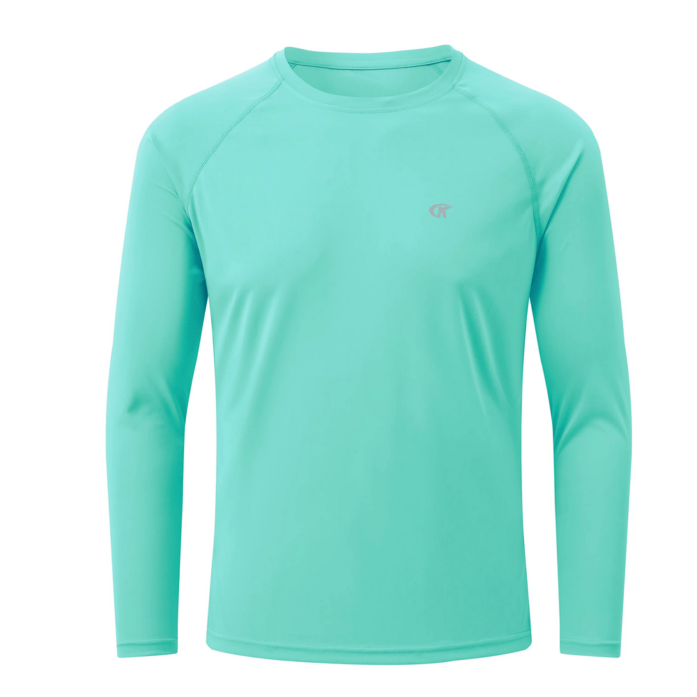Men's long sleeve turquoise top with UV protection, lightweight and quick-dry fabric, perfect for outdoor activities like hiking or beach days.