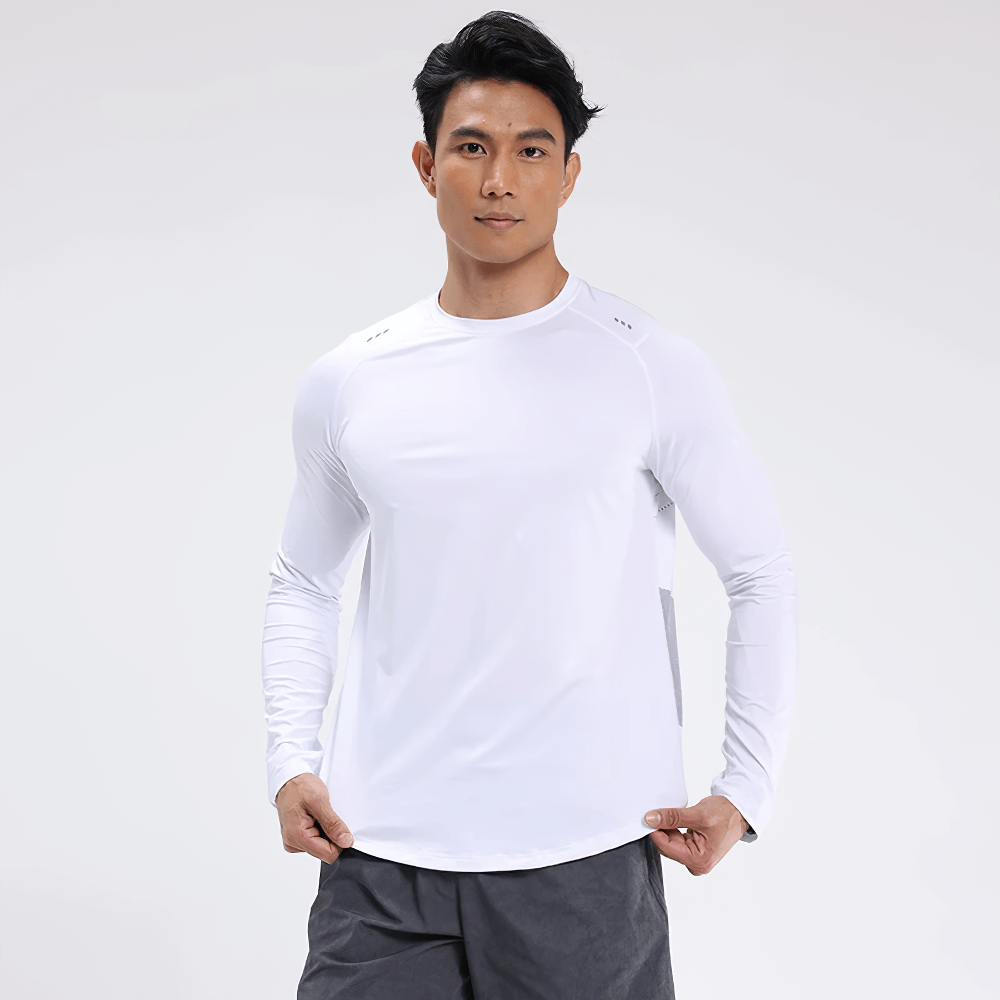 Man wearing white quick-dry long sleeve sports top SF2537 for running and gym, featuring breathable fabric and sun protection technology.