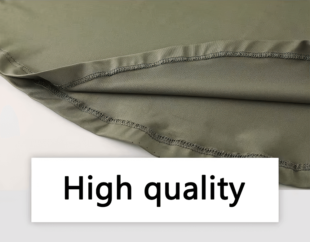 Close-up of high-quality stitching on green fabric with 'High quality' text.