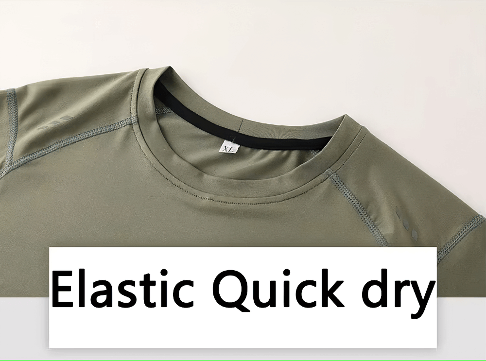 Olive green men's quick-dry long sleeve sports top, ideal for running and fitness. Breathable, stretchable design with o-neck collar.