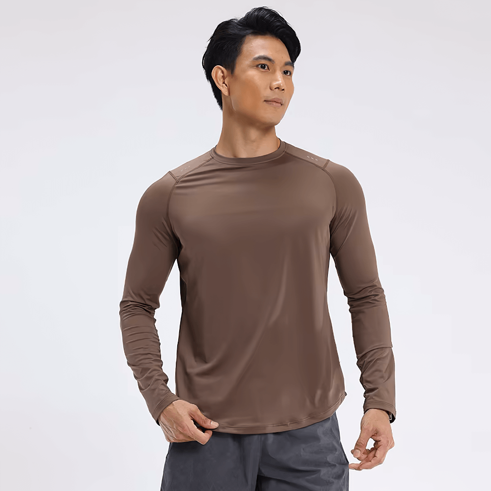 Elastic men's long sleeve brown sports top SF2537 for running and fitness, featuring quick-dry, breathable fabric and sun protection.