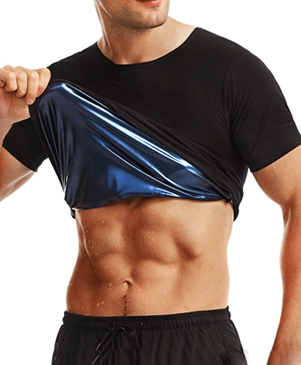 Elastic Men's Sauna Effect Training T-Shirt, SF2248; black with blue lining, showcases fit perfect for gym sessions.