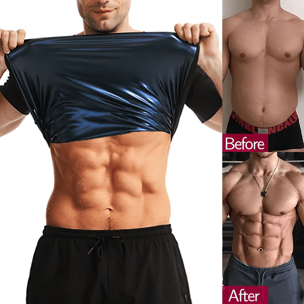 Man wearing Elastic Men's Sauna Effect Training T-Shirt showing before and after workout results with improved physique.