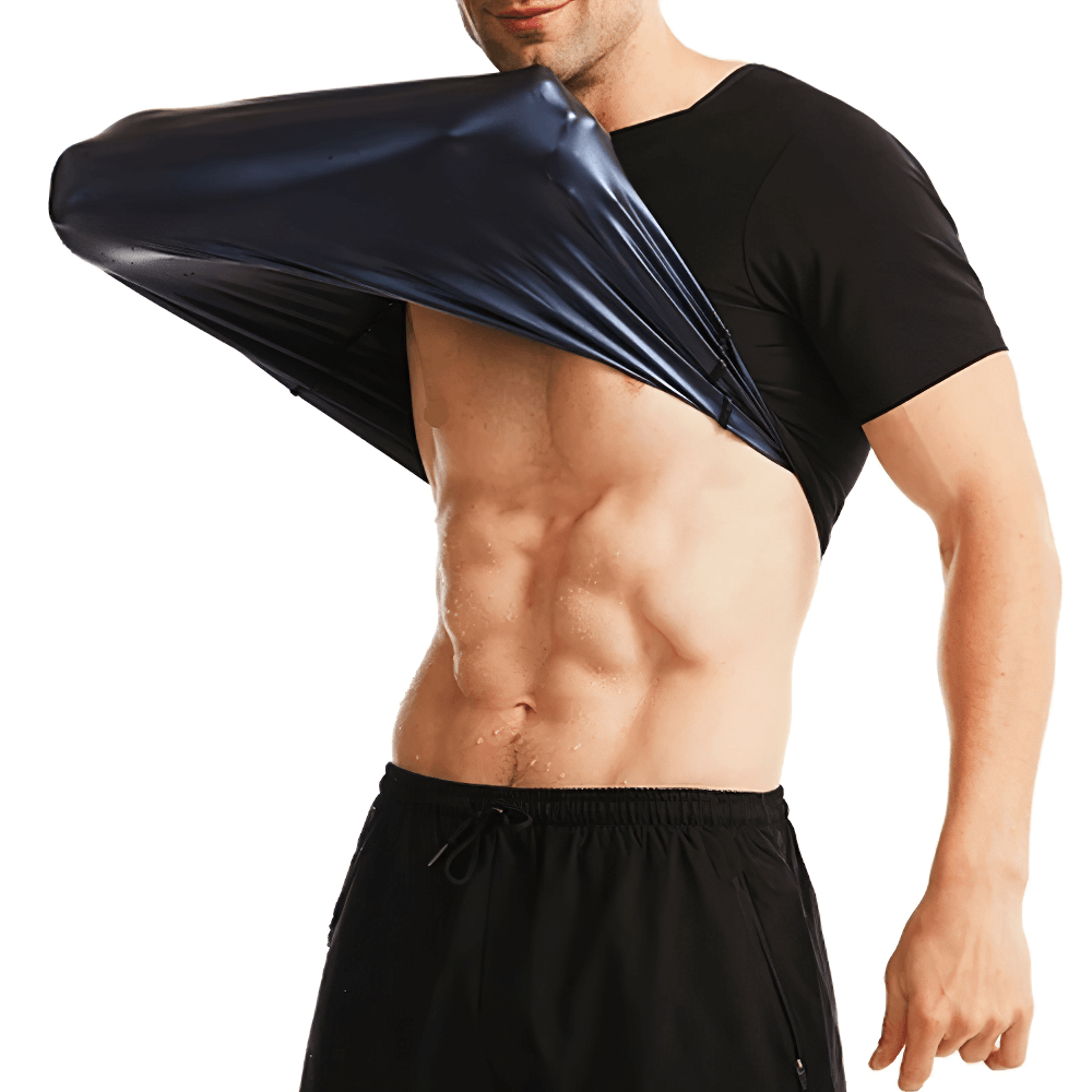 Man wearing Elastic Men's Sauna Effect Training T-Shirt SF2248, showcasing its elasticity and snug fit for gym enthusiasts.