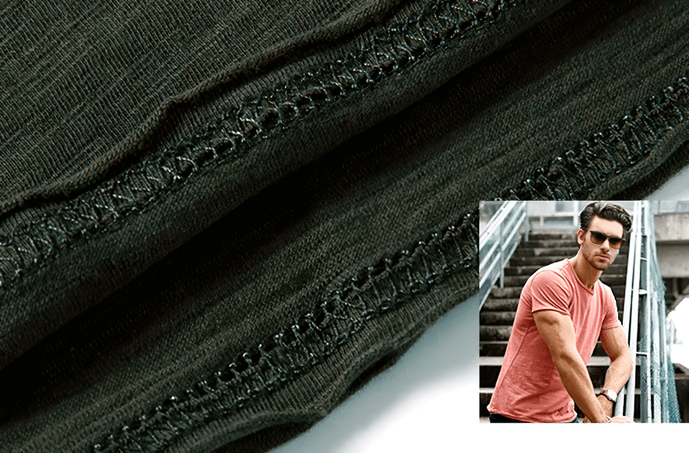 Elastic men's sport T-shirt SF2530 detail and model wearing pink variant, showcasing breathable cotton with o-neck and short sleeves.