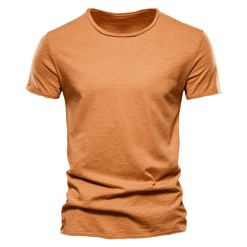 Men's brown sport T-shirt with short sleeves and O-neck, breathable and moisture-wicking for casual fitness wear.