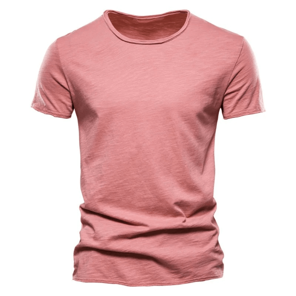 Men's elastic sport T-shirt, soft pink, O-neck, short sleeves, casual and fitness wear, breathable and moisture-wicking cotton.