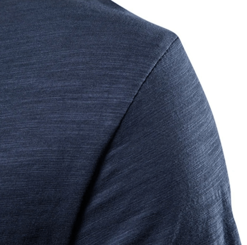 Close-up of Elastic Men's Short Sleeve Sport T-Shirt in navy, showcasing breathable cotton fabric and stitching detail.