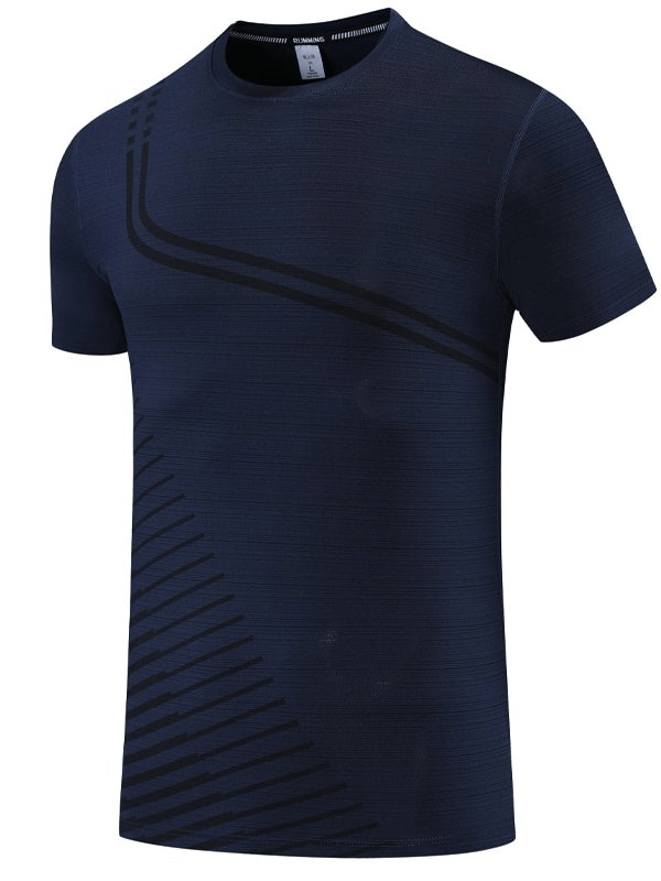 Navy blue elastic quick dry men's sports t-shirt, ideal for training activities like running and basketball.