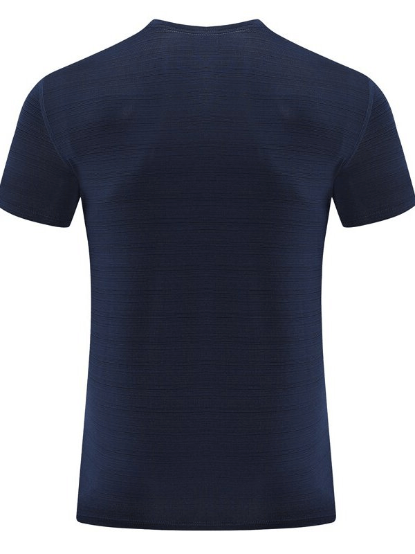Back view of blue Quick Dry Men's T-Shirt for sports training, featuring breathable nylon fabric and elastic fit, model SF1495
