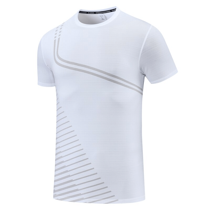 White elastic quick-dry men's sports t-shirt, ideal for fitness and training, featuring breathable nylon material and stylish design.