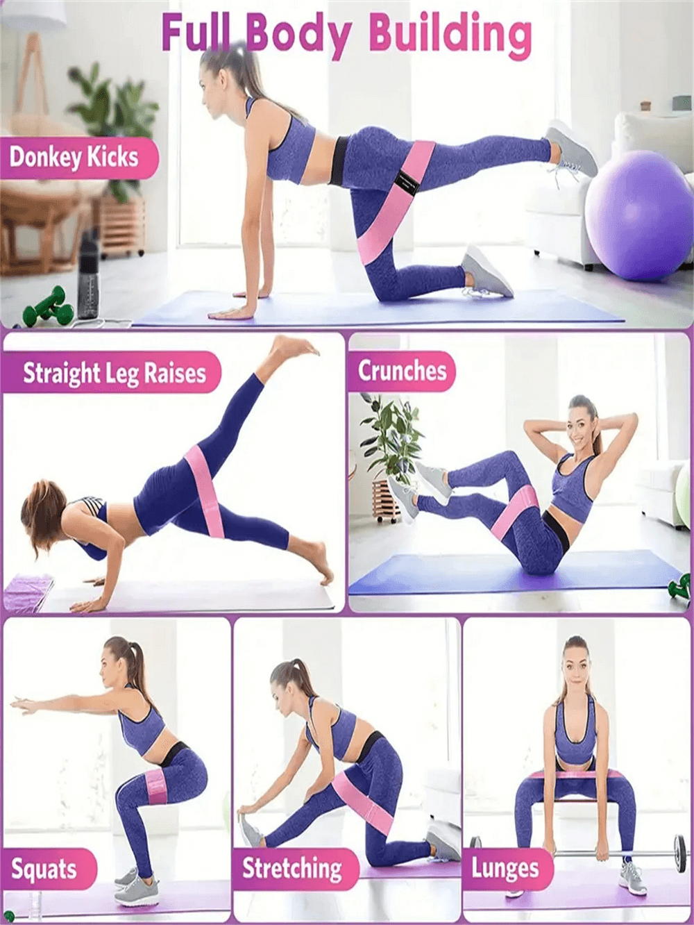 Women using elastic resistance bands for leg and booty workout, including donkey kicks, squats, lunges, and stretching.