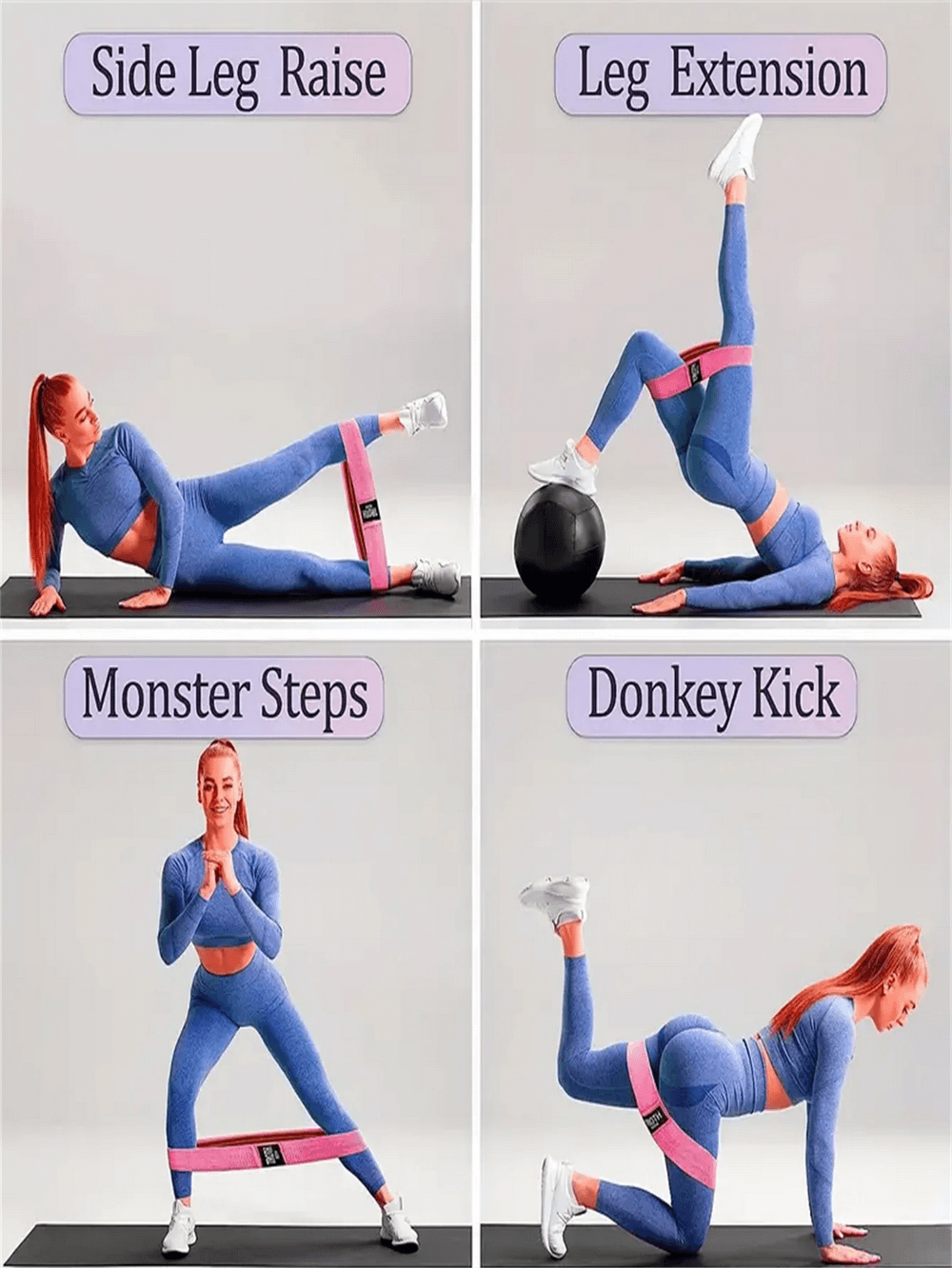 Woman demonstrating exercises using elastic resistance bands for booty and legs, including side leg raise and donkey kick.