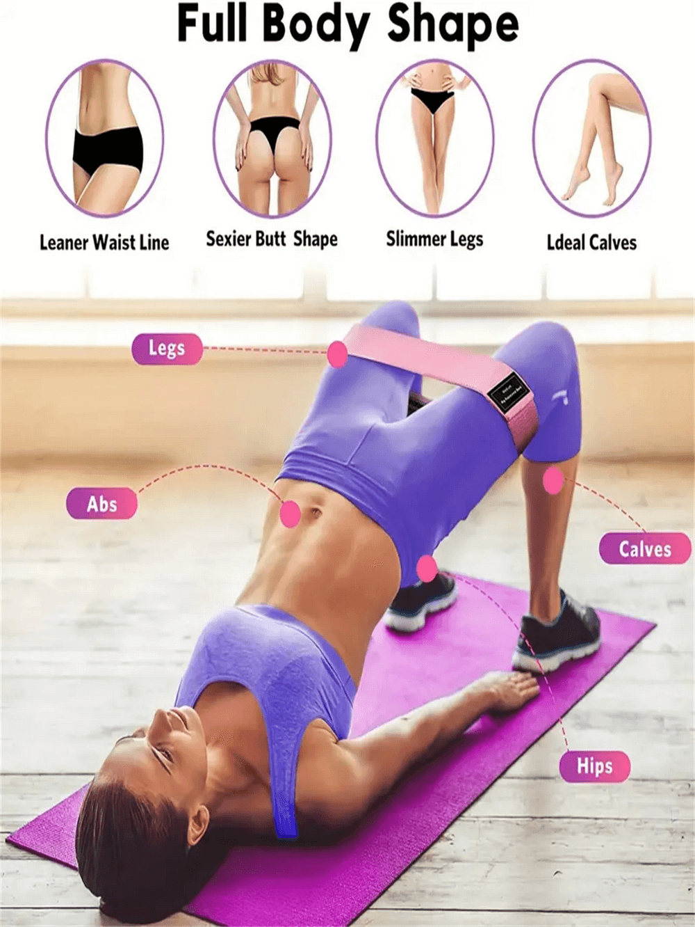 Woman using resistance band for abs, legs, and glutes workout, demonstrating full body shaping on yoga mat.