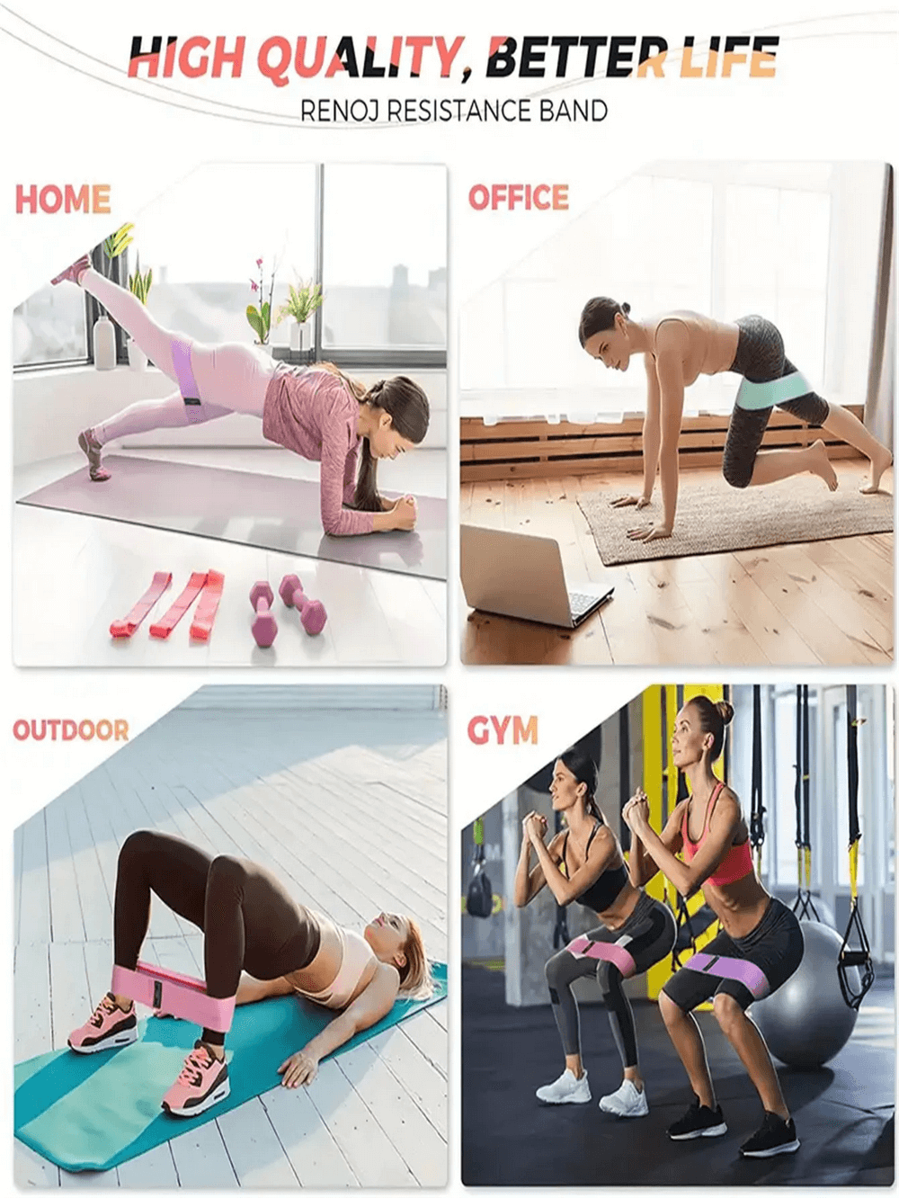 Collage of elastic resistance bands used in home, office, outdoor, and gym settings for leg and booty workouts.