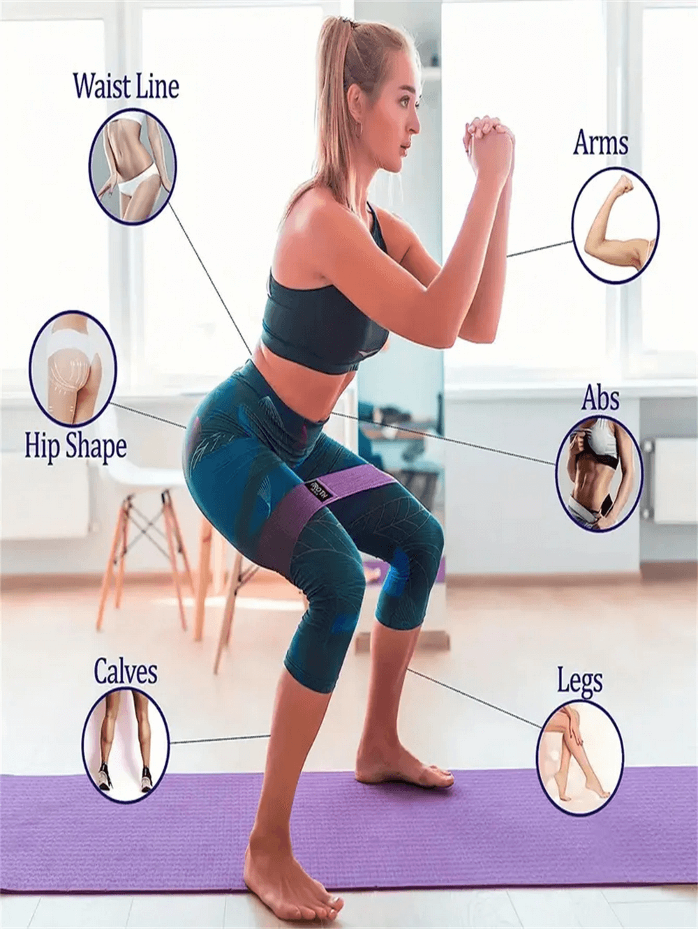 Woman demonstrates squat with an elastic resistance band for a full-body workout targeting legs, glutes, hips, and core.