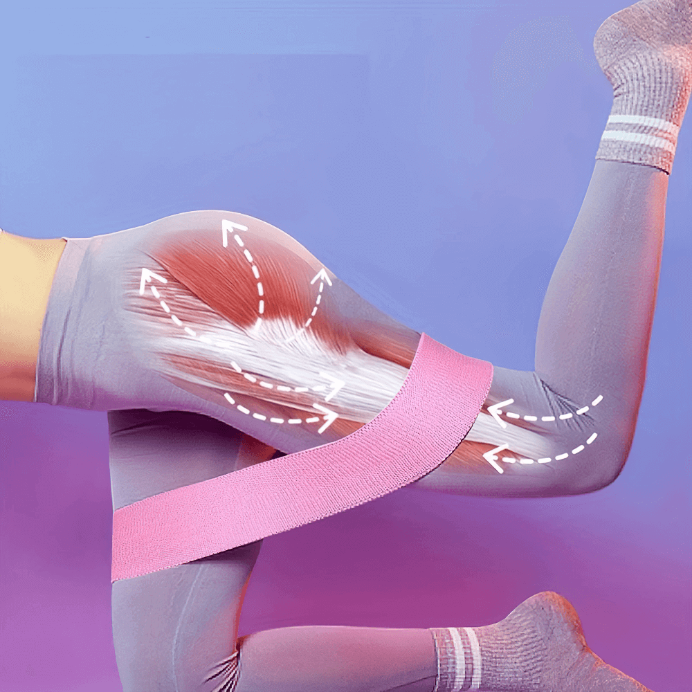 Elastic resistance band for booty and leg workout, showing muscle engagement during leg lift exercise. Perfect for Pilates and yoga.