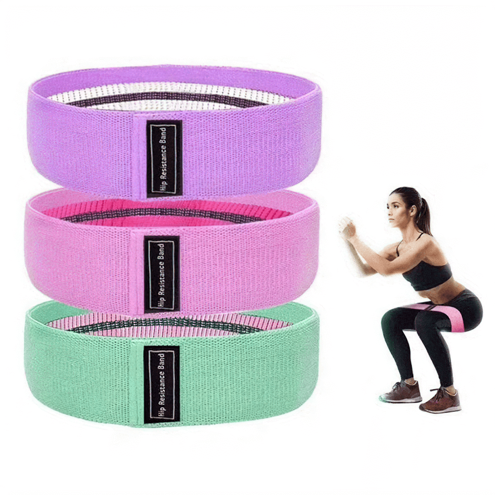 Colorful elastic resistance bands for leg and booty workout with a person demonstrating squats, ideal for Pilates and yoga exercises.
