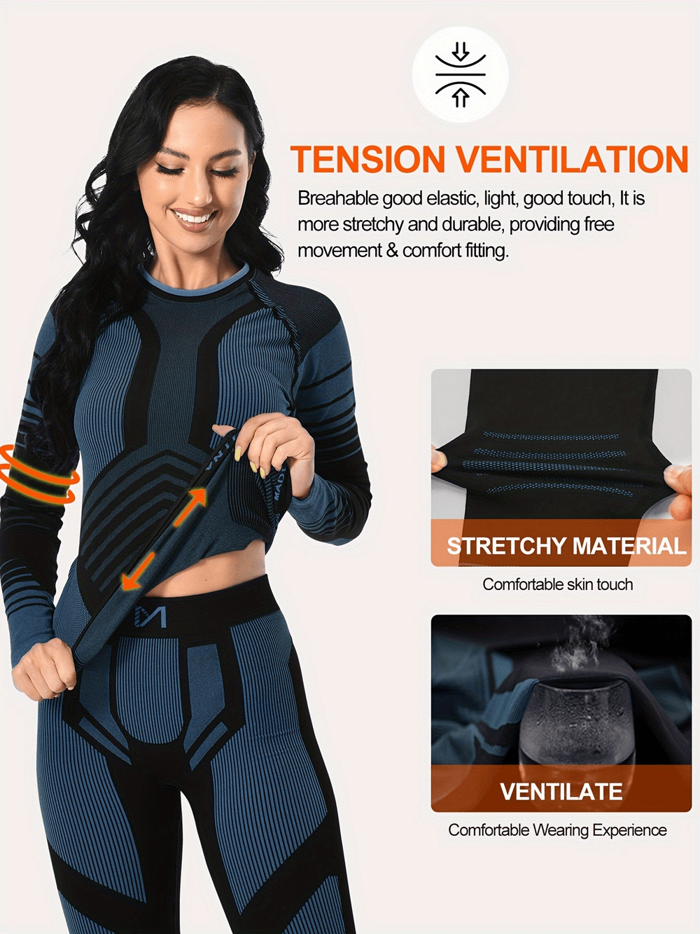 Woman wearing blue striped thermal base layer with breathable, stretchy material and ventilation features for comfort.